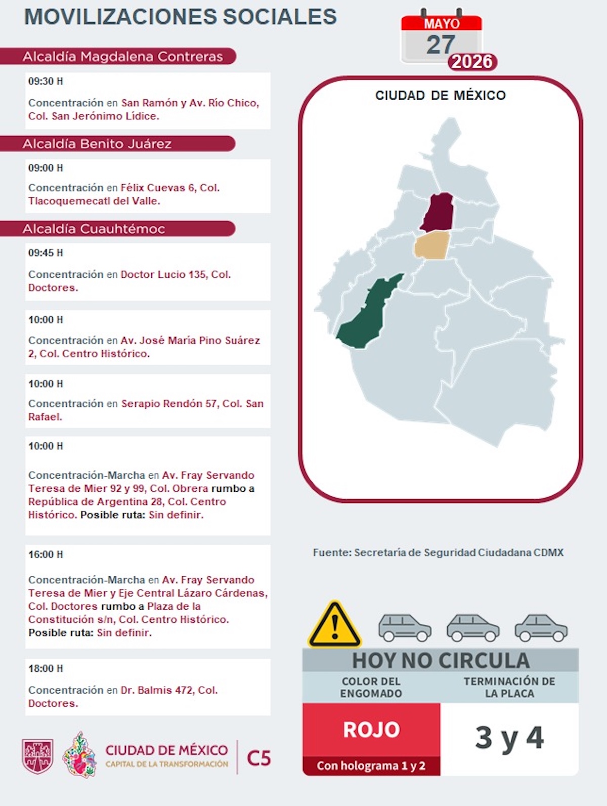 CDMX tendrá bloqueos y marchas este miércoles 27 de mayo. Foto: C5
