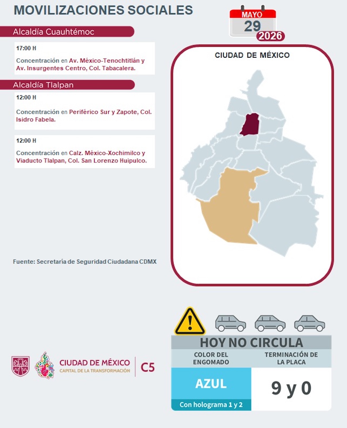 Tráfico CDMX hoy viernes 29 de mayo 2026: Puntos de bloqueo y marchas. Foto: C5