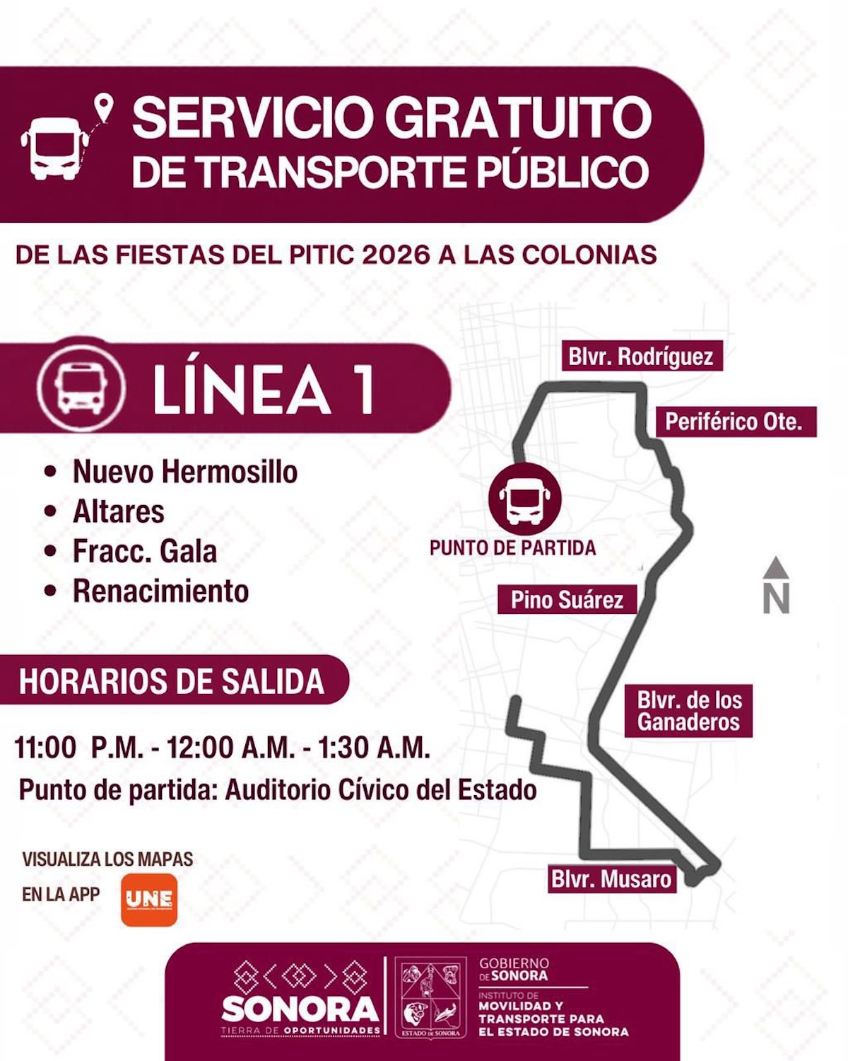 Horarios y rutas del transporte gratuito de Alfonso Durazo para Pitic 2026
