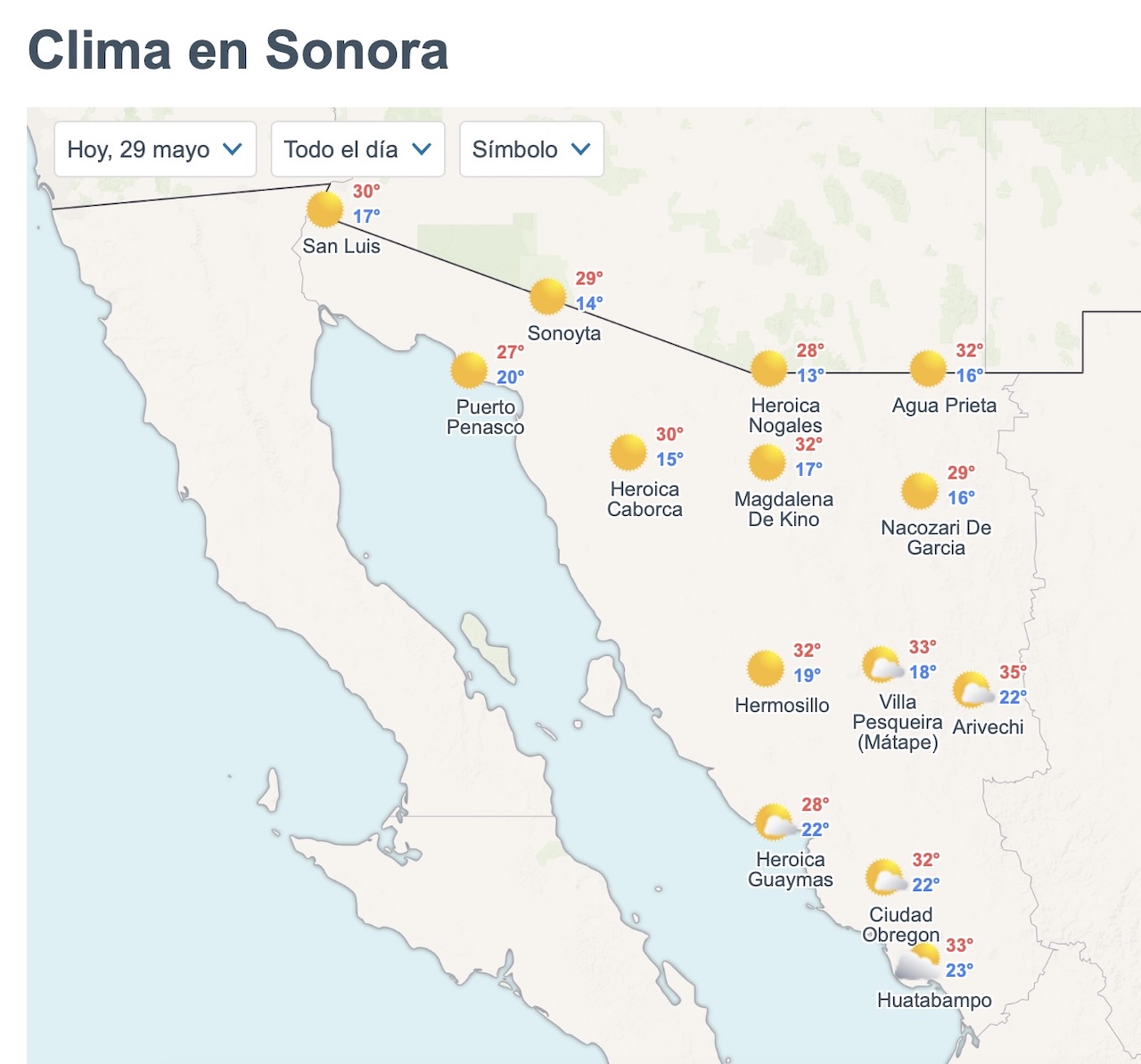 Clima en Sonora hoy viernes 29 de mayo de 2026. Foto: Meteored.mx
