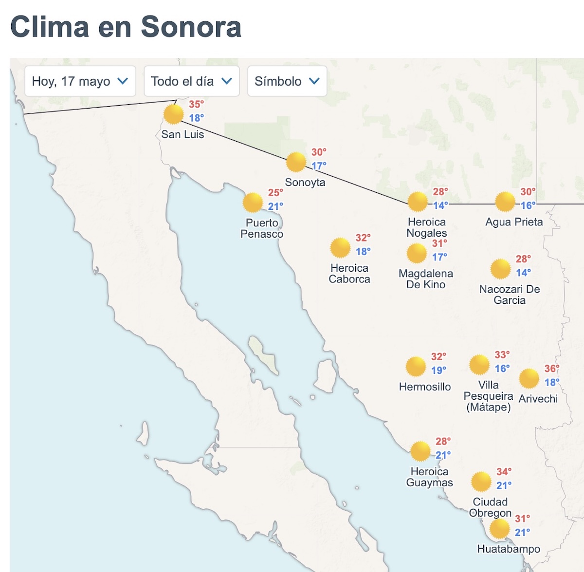 Así será el clima en Sonora este domingo. Foto: Meteored.mx
