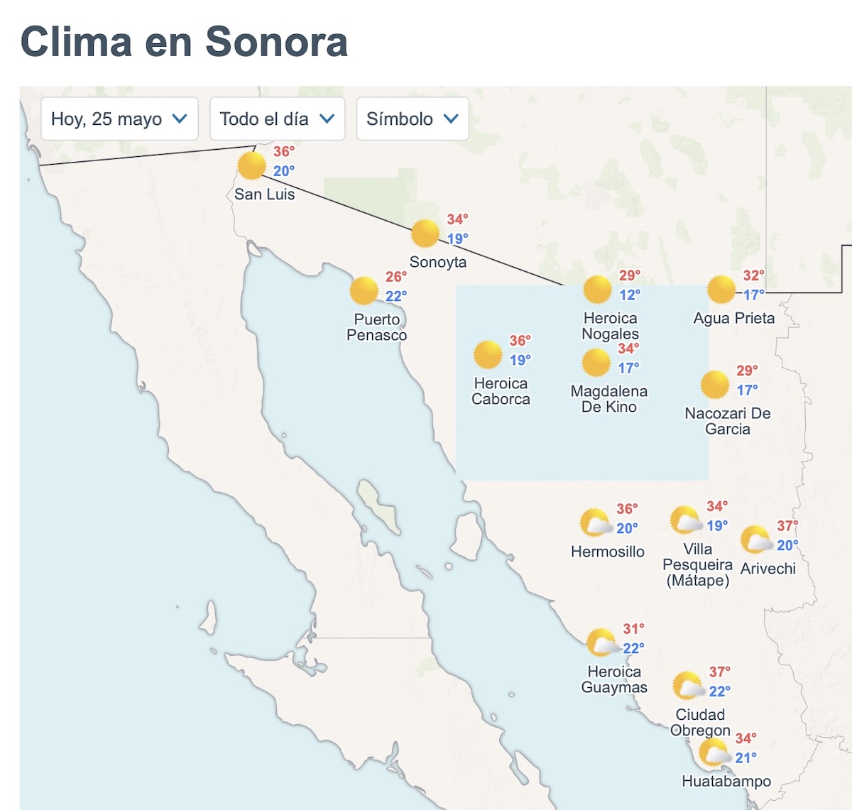Así será el clima en Sonora este lunes. Foto: Meteored.mx