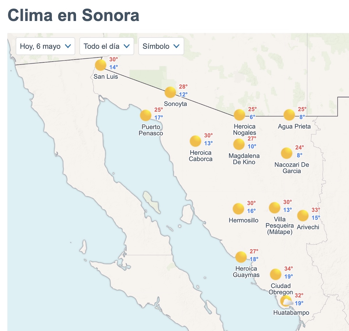 Así será el clima en Sonora este miércoles. Foto: Meteored.mx