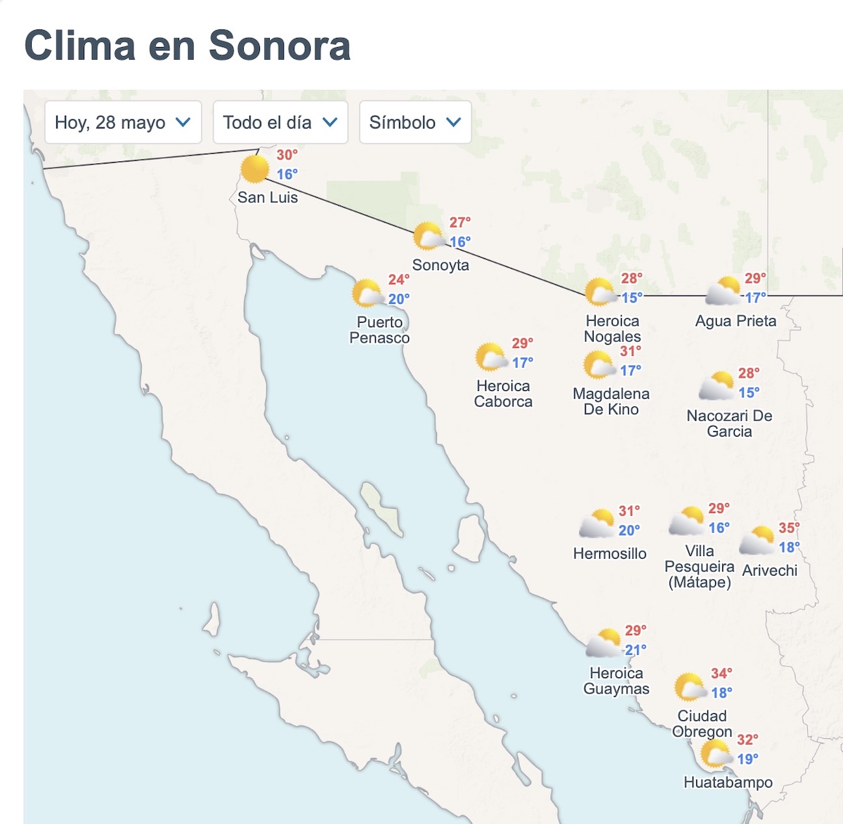 Así será el clima en Sonora este jueves. Foto: Meteored.mx