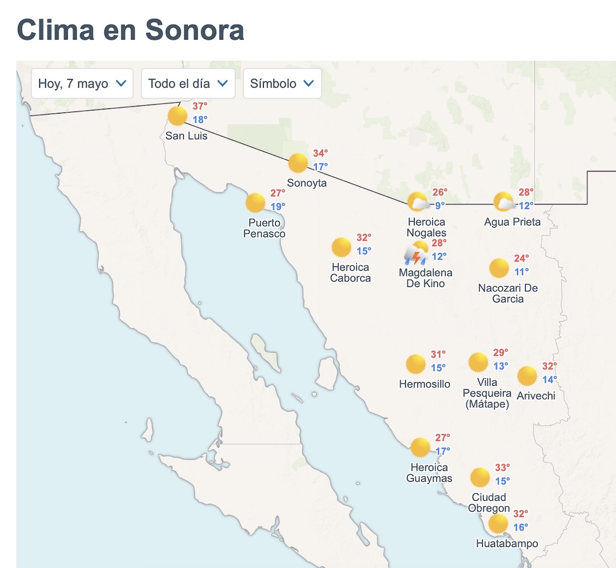Clima en Sonora hoy jueves 7 de mayo de 2026. Foto: Meteored.mx