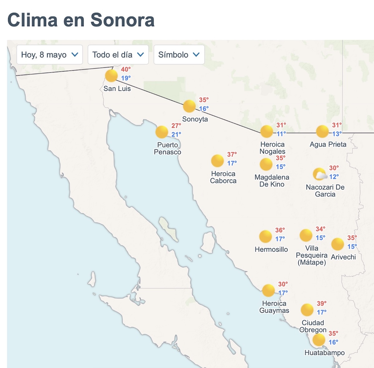 Sonora tendrá ambiente muy caluroso y cielo despejado este 8 de mayo