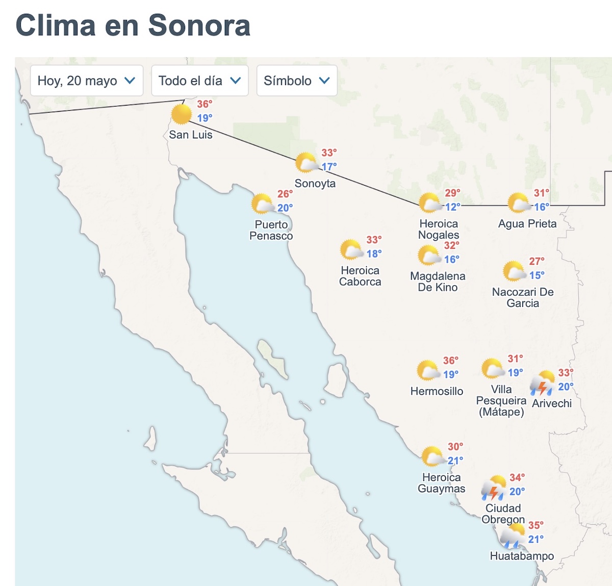Así será el clima en Sonora HOY miércoles 20 de mayo. Foto: Meteored.mx