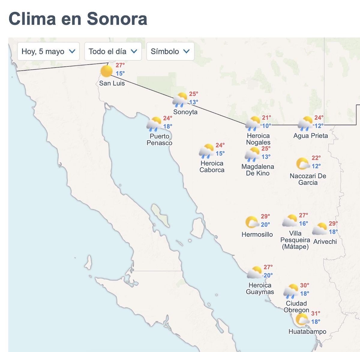 Así será el clima en Sonora HOY 5 de mayo. Foto: Meteored.mx