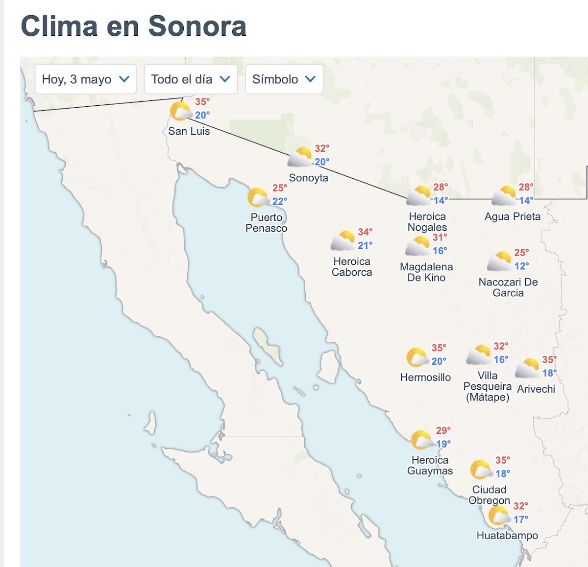 Así será el clima en Sonora este domingo. Foto: Meteored.mx
