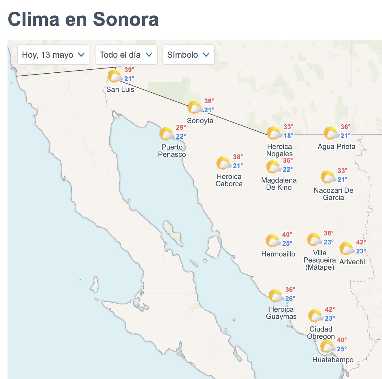 Así será el clima en Sonora este miércoles. Foto: Meteored.mx