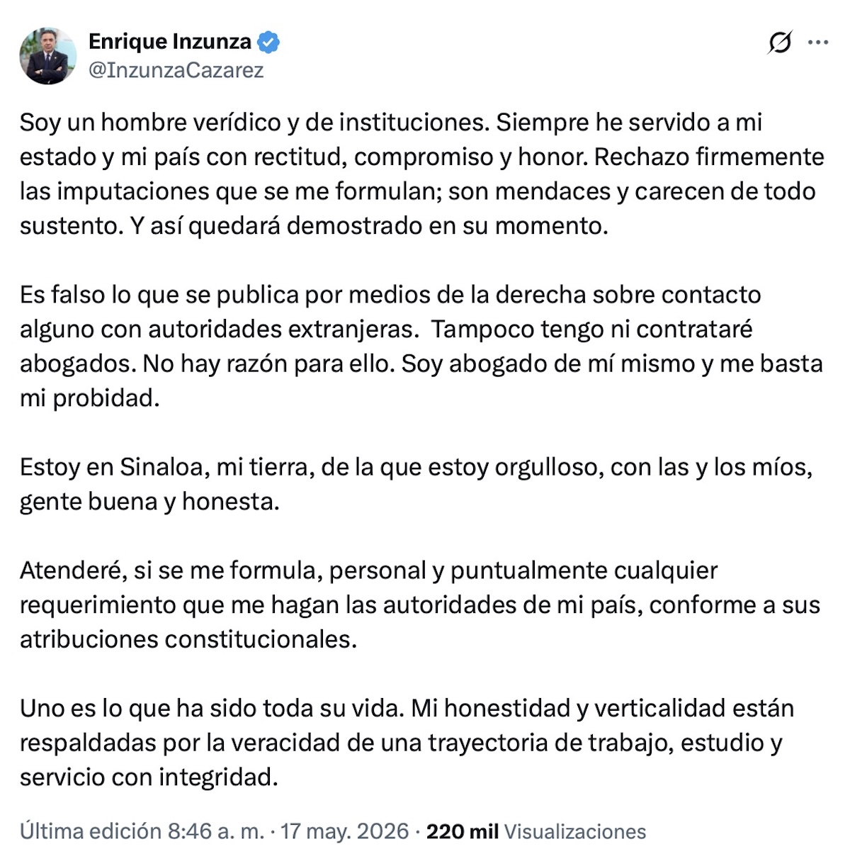 Senador de Morena responde a señalamientos de narcotráfico. Foto: X