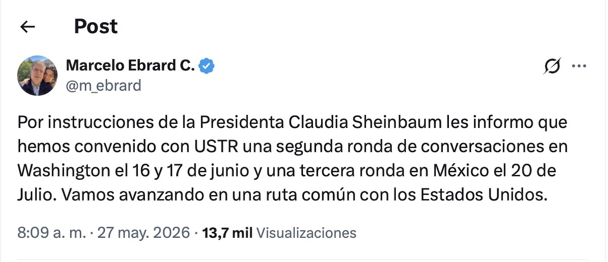 Marcelo Ebrard confirma fechas para negociar el T-MEC. Foto: Twitter (X)