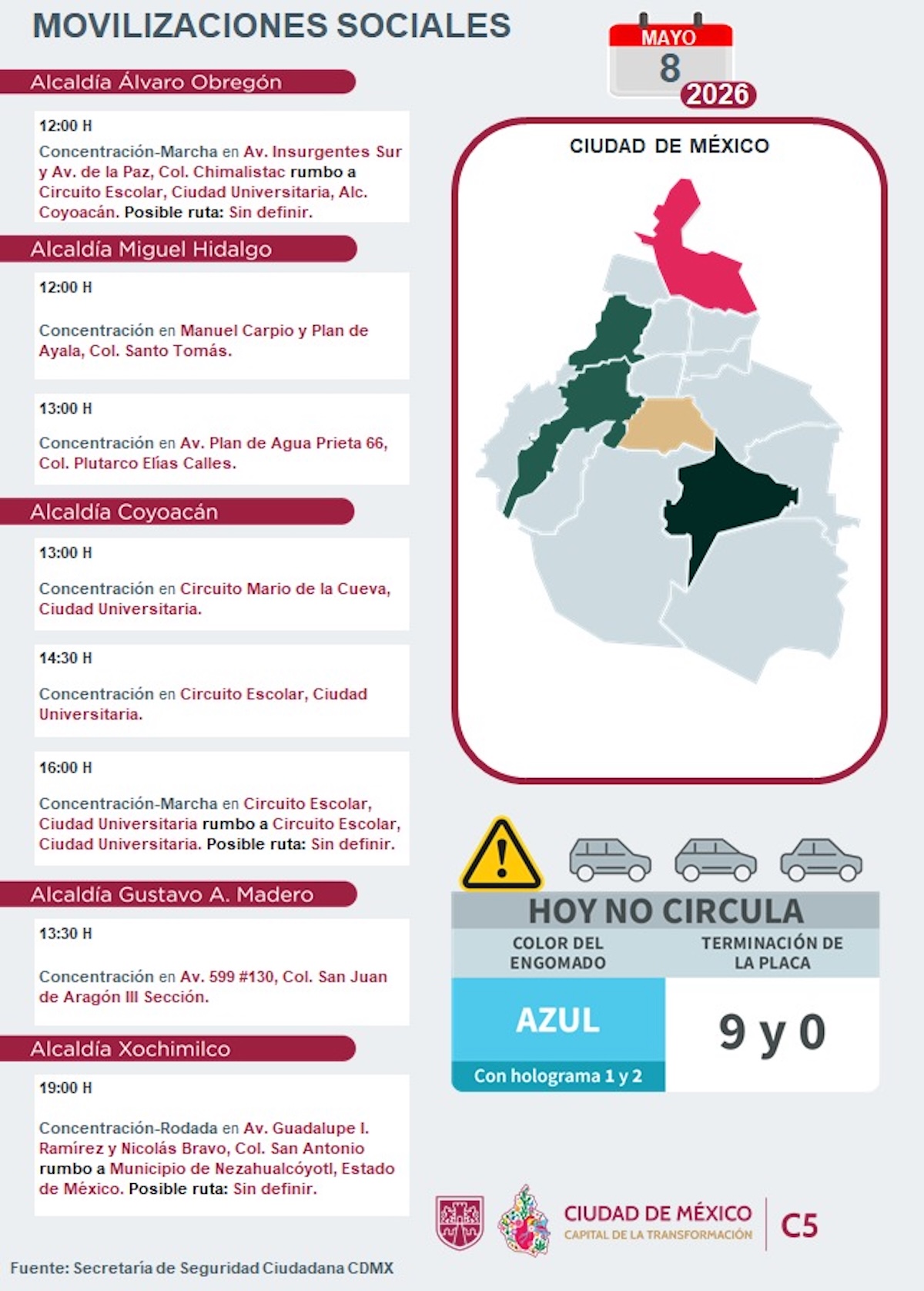 Alertan marchas en CDMX HOY. Foto: C5