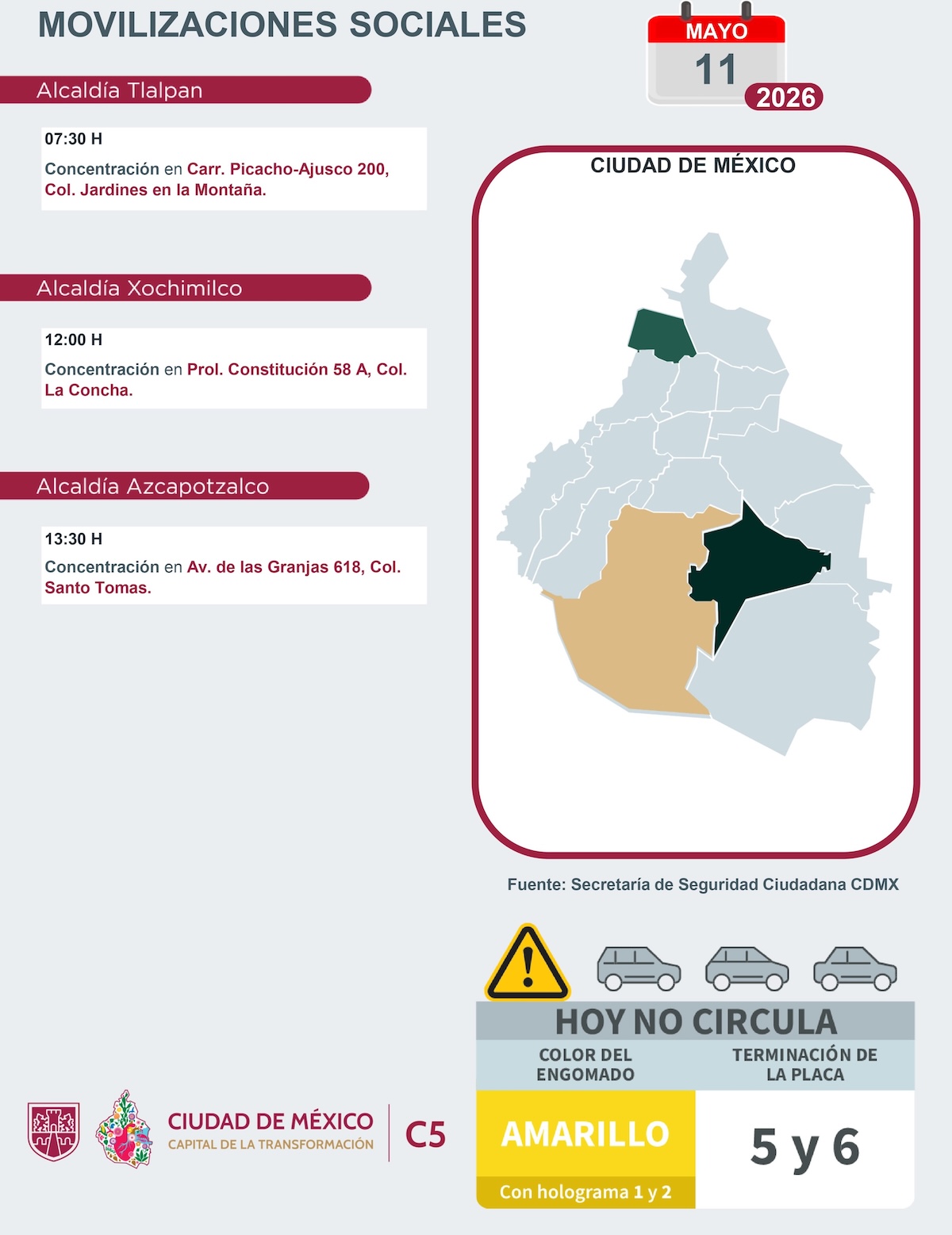 Reporte de marchas en CDMX HOY 11 de mayo. Foto: C5