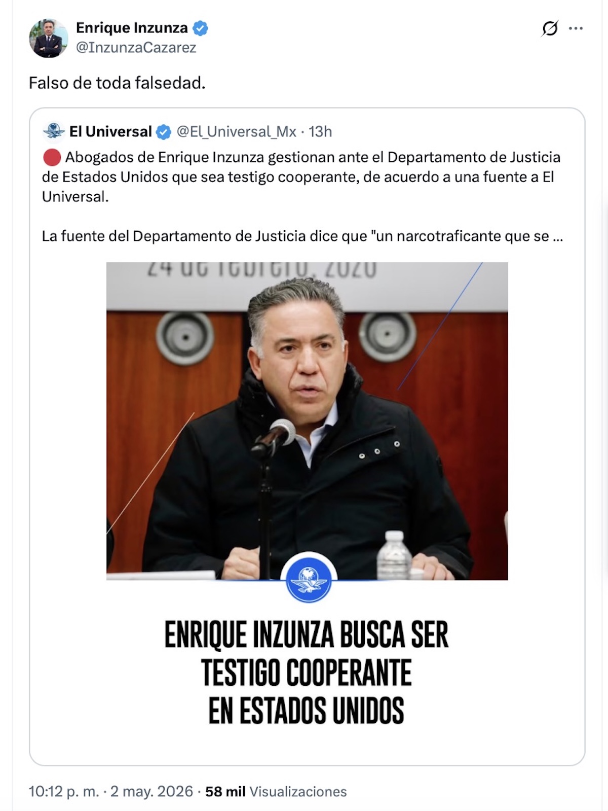Enrique Inzunza niega buscar ser testigo cooperante en EU
