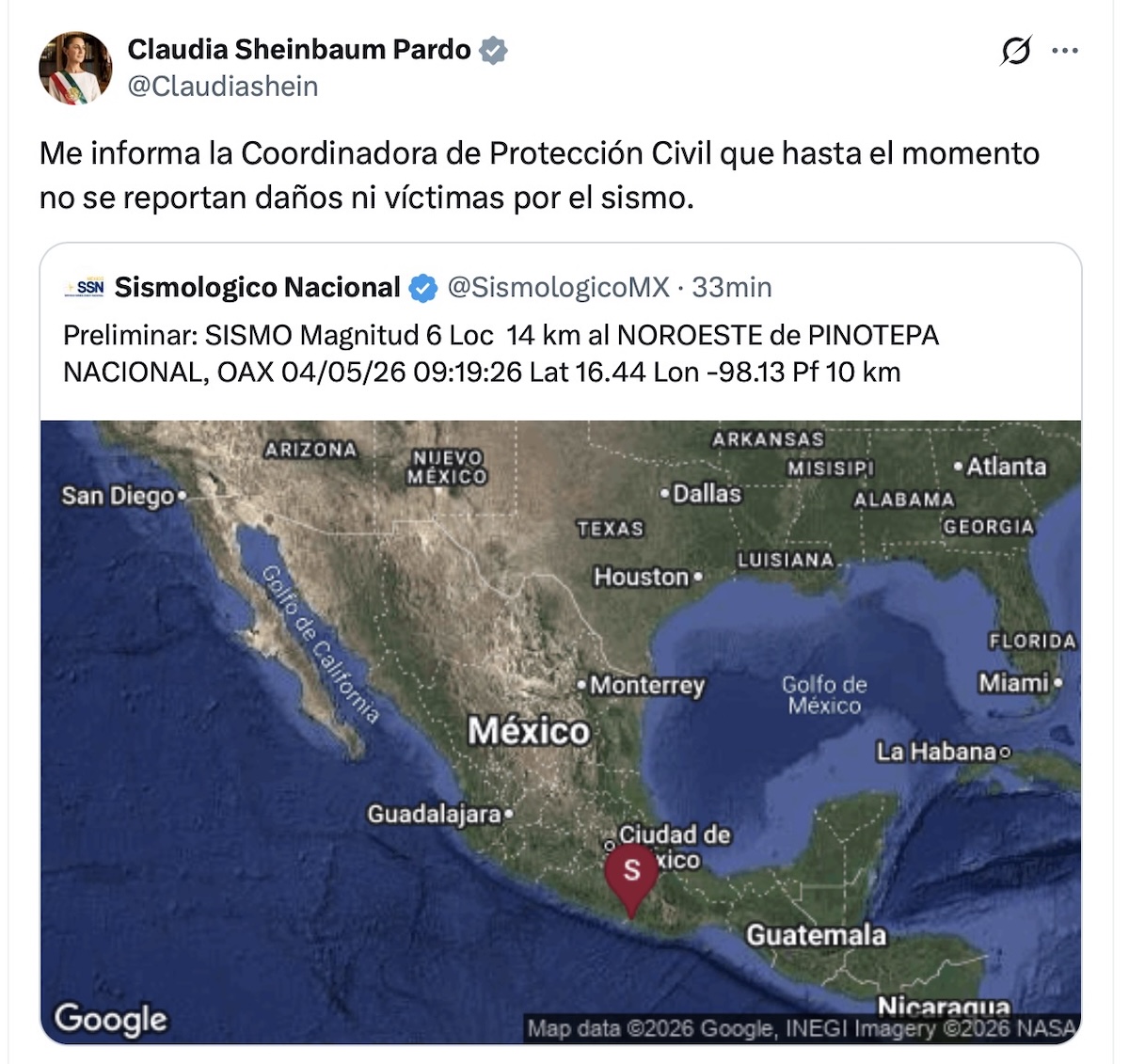 Sismo magnitud 6 en Oaxaca activa alerta sísmica en CDMX este 4 de mayo
