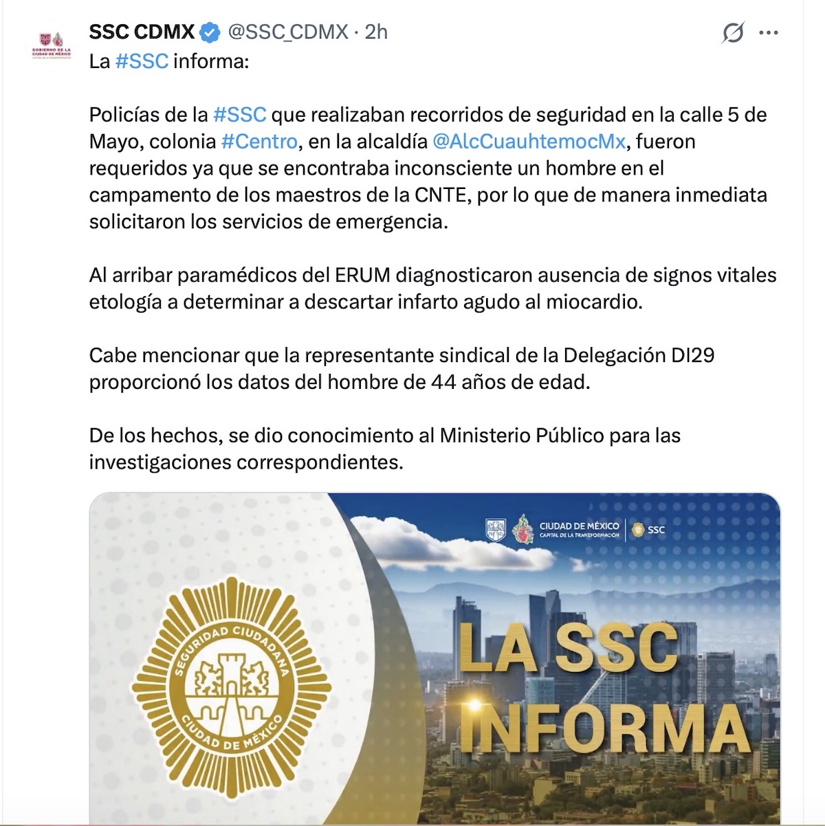 Hombre muere en campamento de la CNTE en el Centro de CDMX. Foto: SSC-CDMX