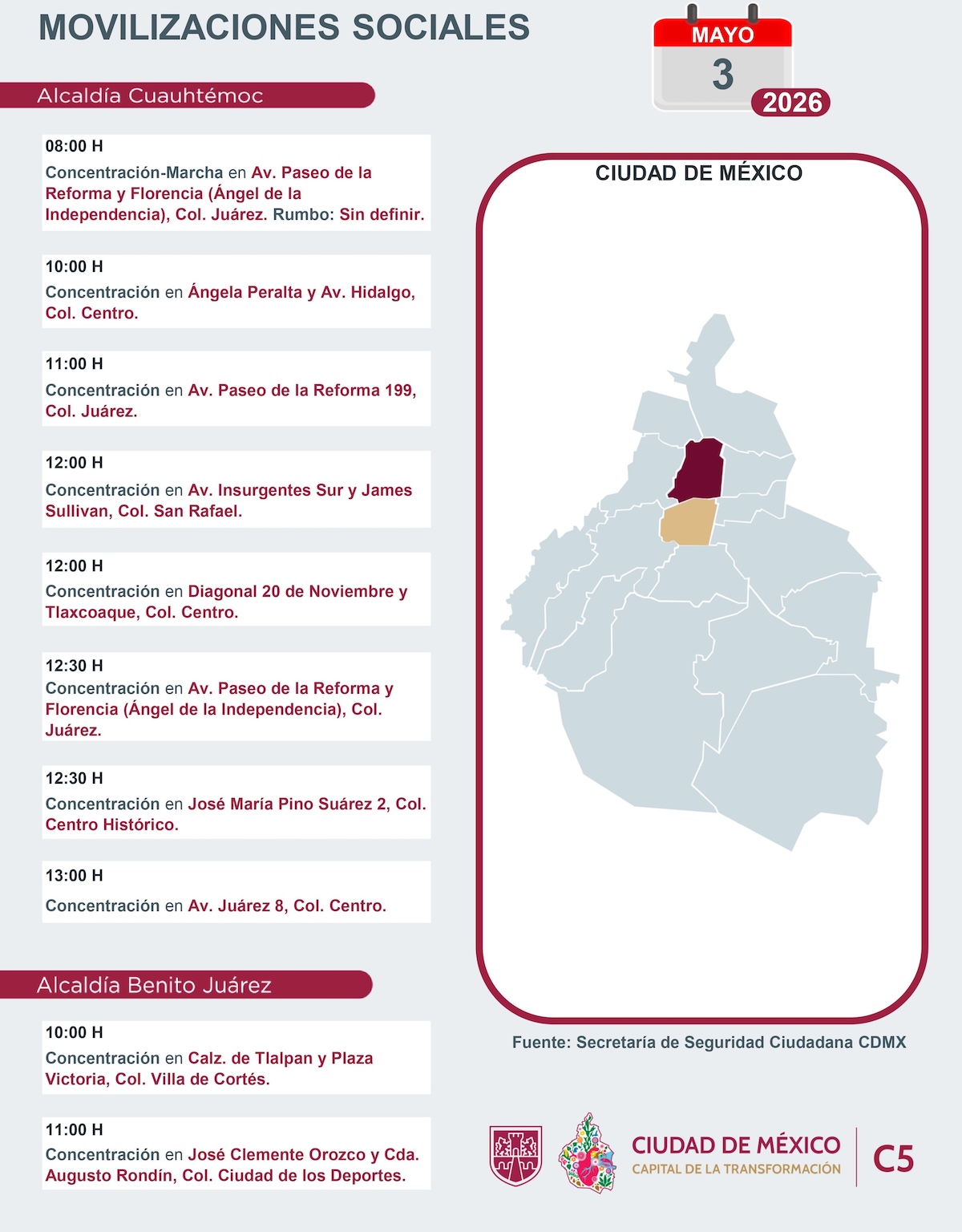 Advierten marchas en CDMX este domingo. Foto: C5