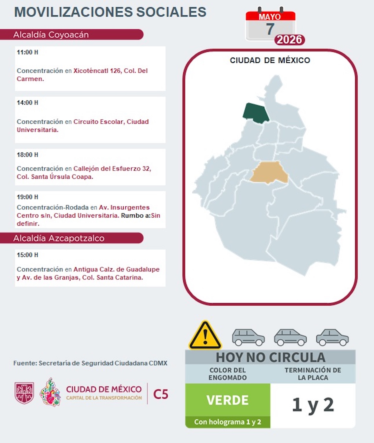 Marchas en CDMX programadas para este jueves. Foto: C5