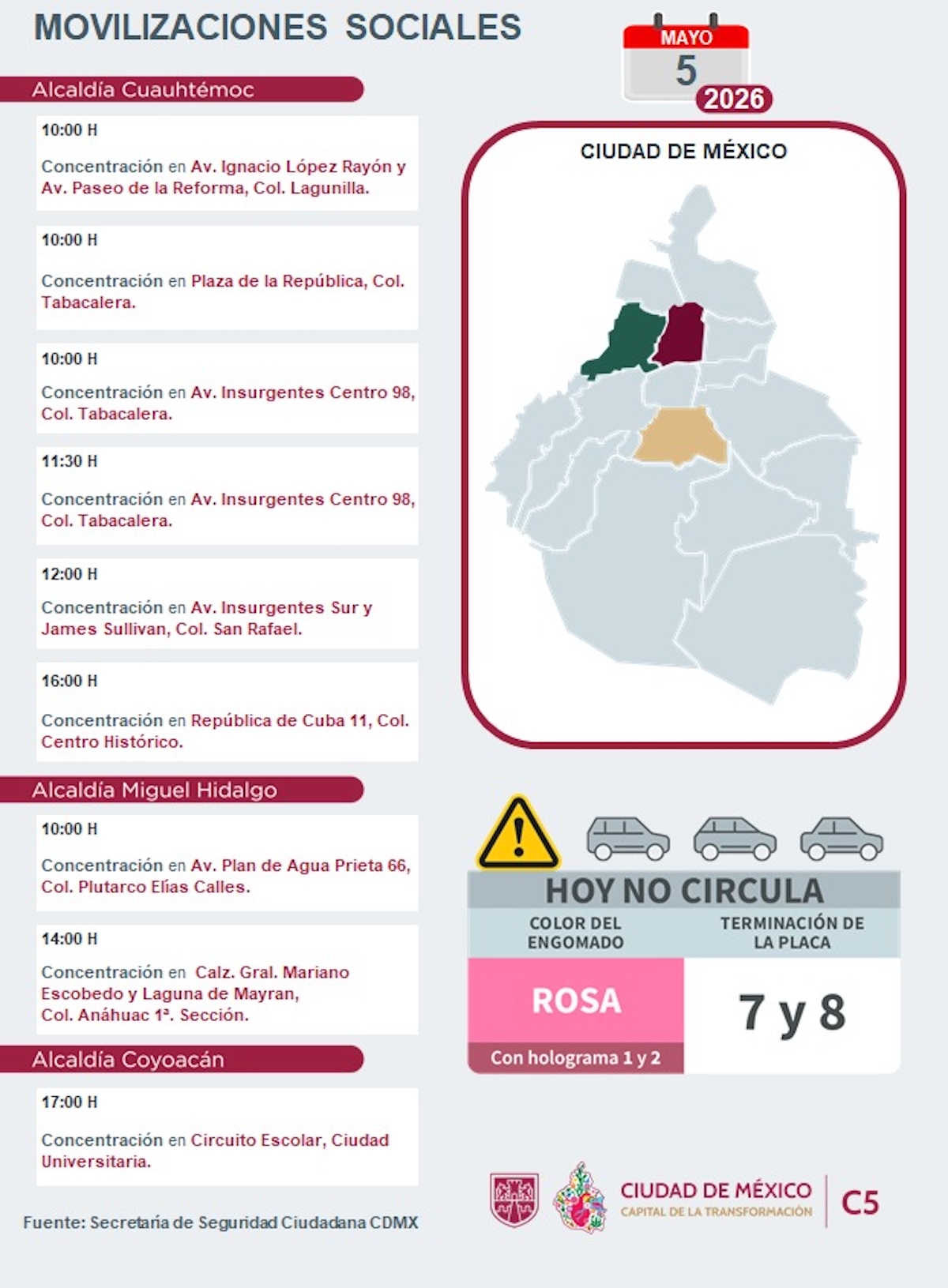 Marchas en CDMX HOY martes 5 de mayo. Foto: C5