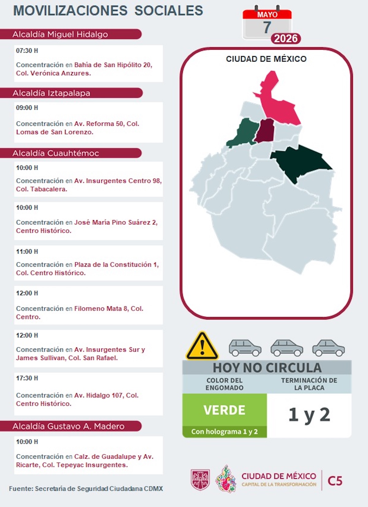 Marchas en CDMX programadas para este jueves. Foto: C5