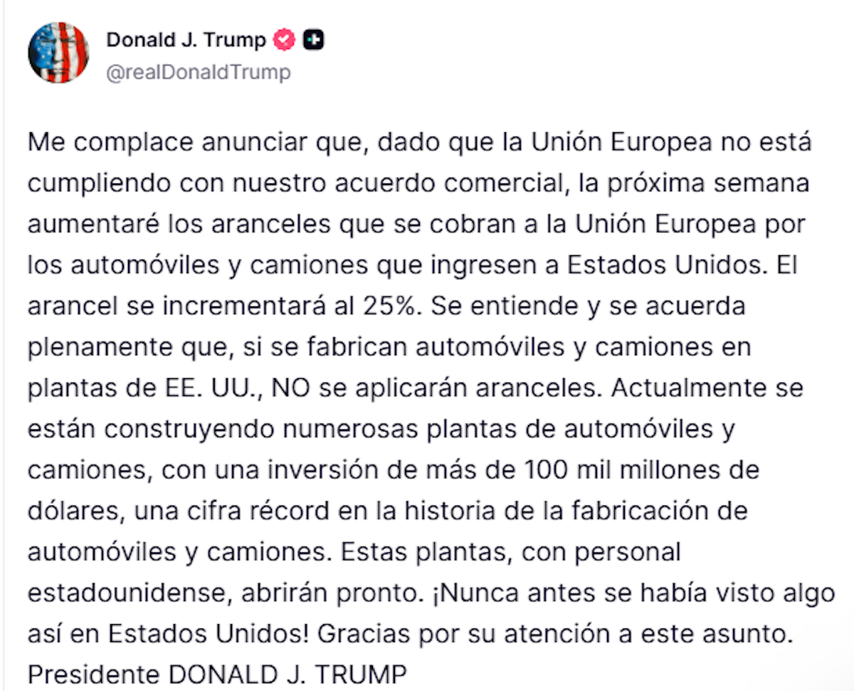 Trump anuncia arancel de 25% a autos de la Unión Europea