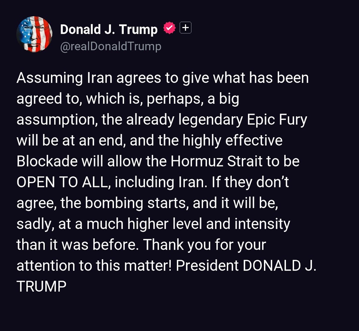 Mensaje de Donald Trump miércoles 6 de mayo. Foto: Truth Social