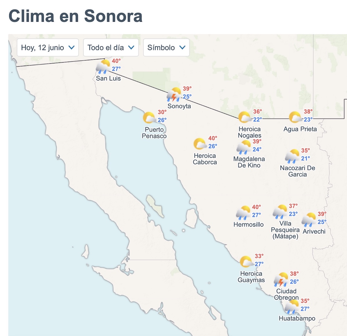 Pronóstico del clima en Sonora hoy 12 de junio. Foto: Meteored.mx
