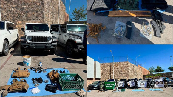 Cateo en domicilio de Nogales deja 48 vehículos asegurados; hallan armas, chalecos y droga
