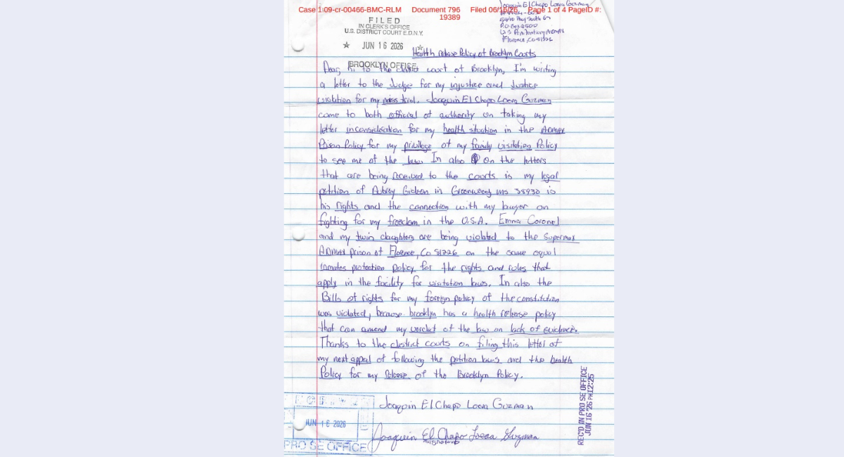 'El Chapo' Guzmán envía nuevas cartas a corte de EU; pide revisar su caso y proteger a su familia