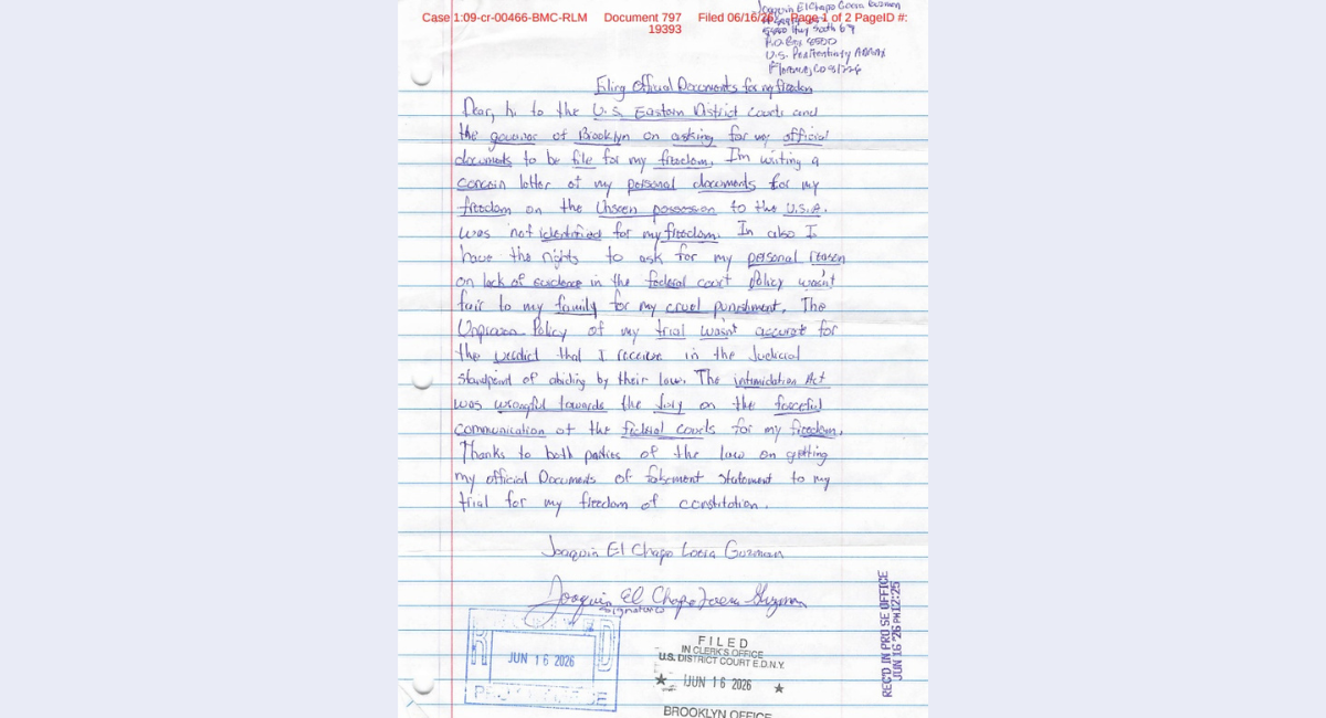 'El Chapo' Guzmán envía nuevas cartas a corte de EU; pide revisar su caso y proteger a su familia