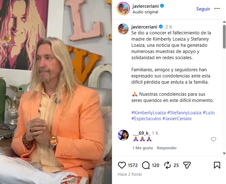 Javier Ceriani afirma que la mamá de Kimberly Loaiza falleció