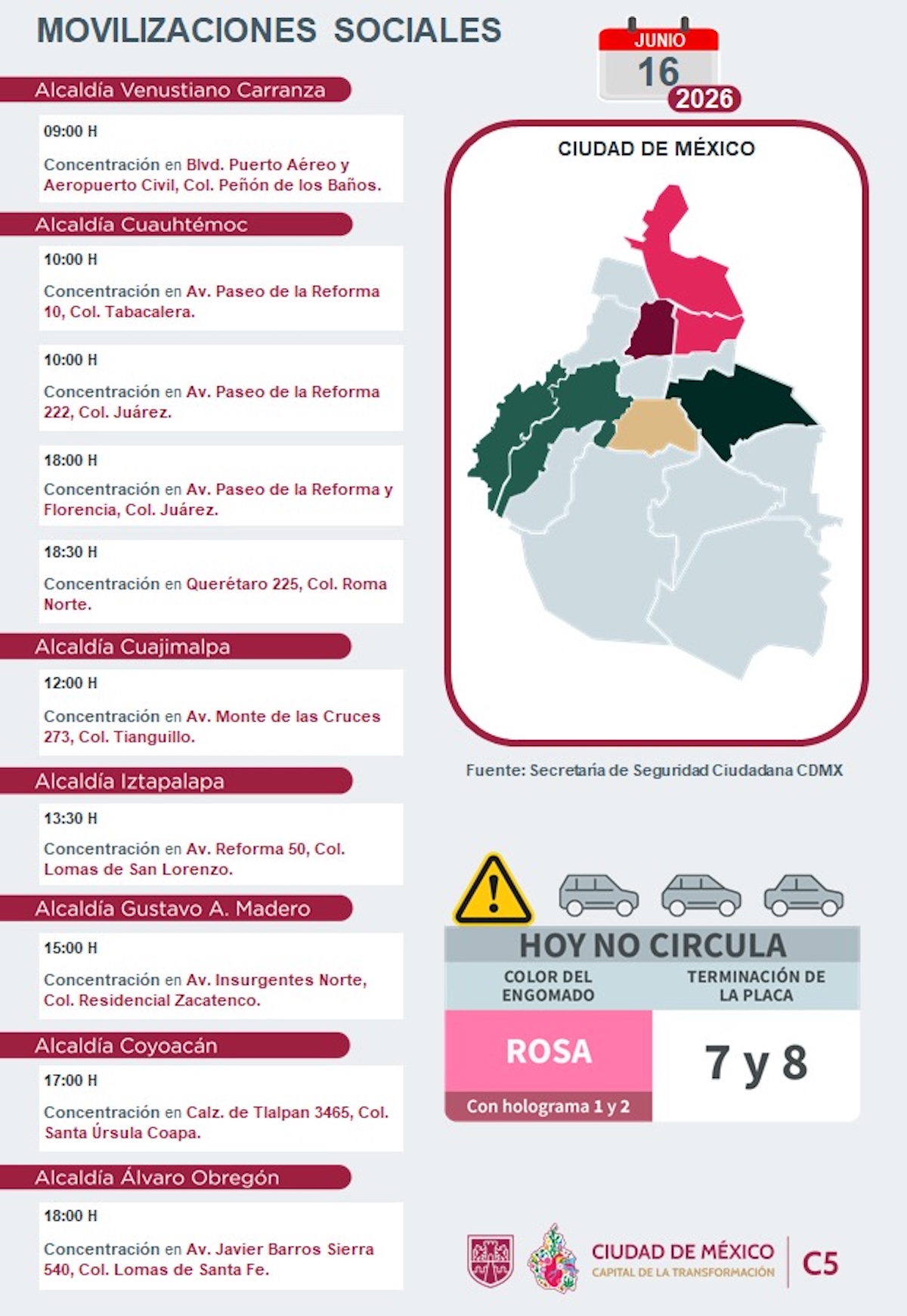 Alerta del C5: Puntos de concentración y bloqueos este martes en CDMX