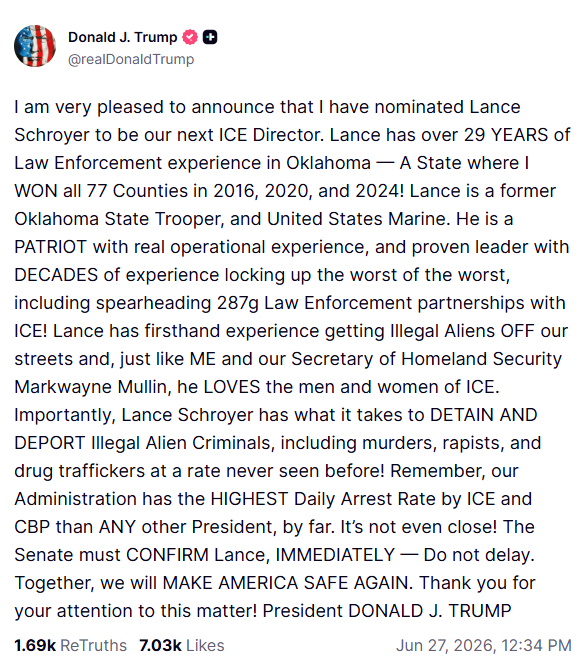 Trump nombra a Lance Schroyer como nuevo director del ICE; destaca su experiencia en seguridad