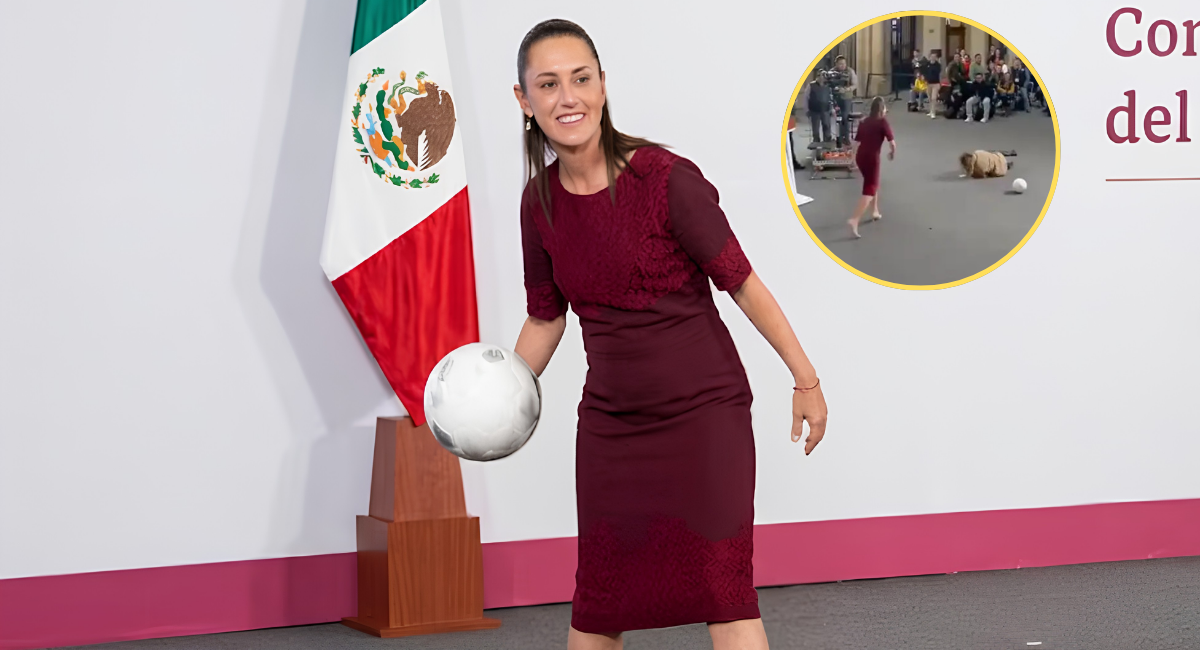 VIDEO: Reportera cae en plena mañanera de Sheinbaum al intentar atrapar un balón del Mundial 2026