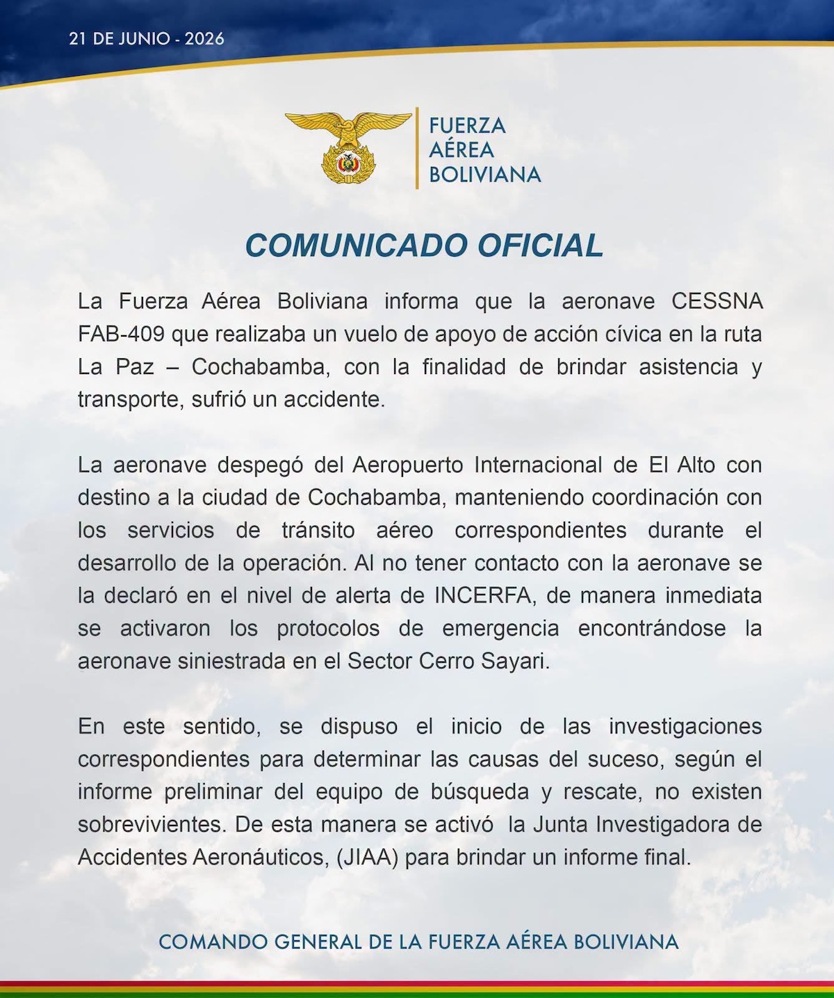Aeronave militar boliviana se desploma durante vuelo de acción cívica; hay seis víctimas