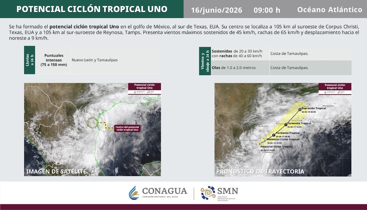 Se forma ciclón tropical Uno en el Golfo de México. Foto: Conagua