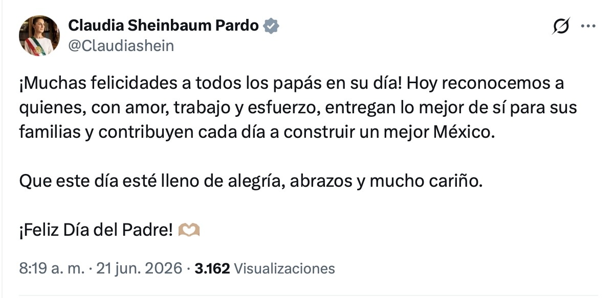 Sheinbaum felicita a los papás por el Día del Padre 2026