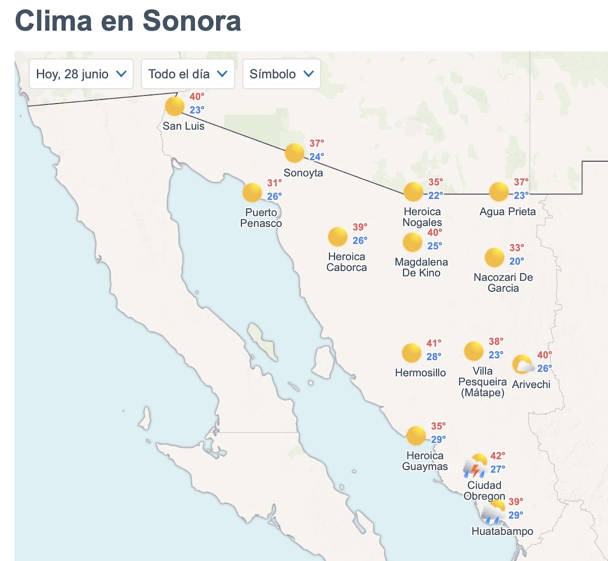 Sonora registrará altas temperaturas y posibles tormentas este domingo. Foto: Meteored.mx