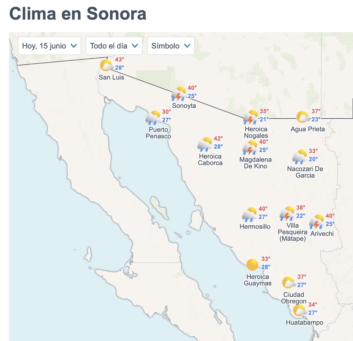 Clima en Sonora hoy 15 de junio: Lluvias fuertes, calor extremo y viento. Foto: Meteored.mx