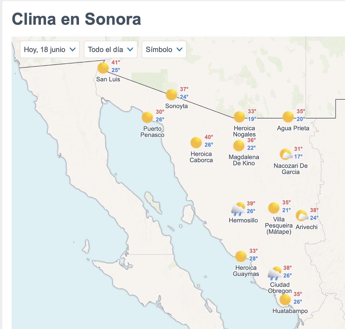 Así será el clima en Sonora este jueves. Foto: Meteored.mx