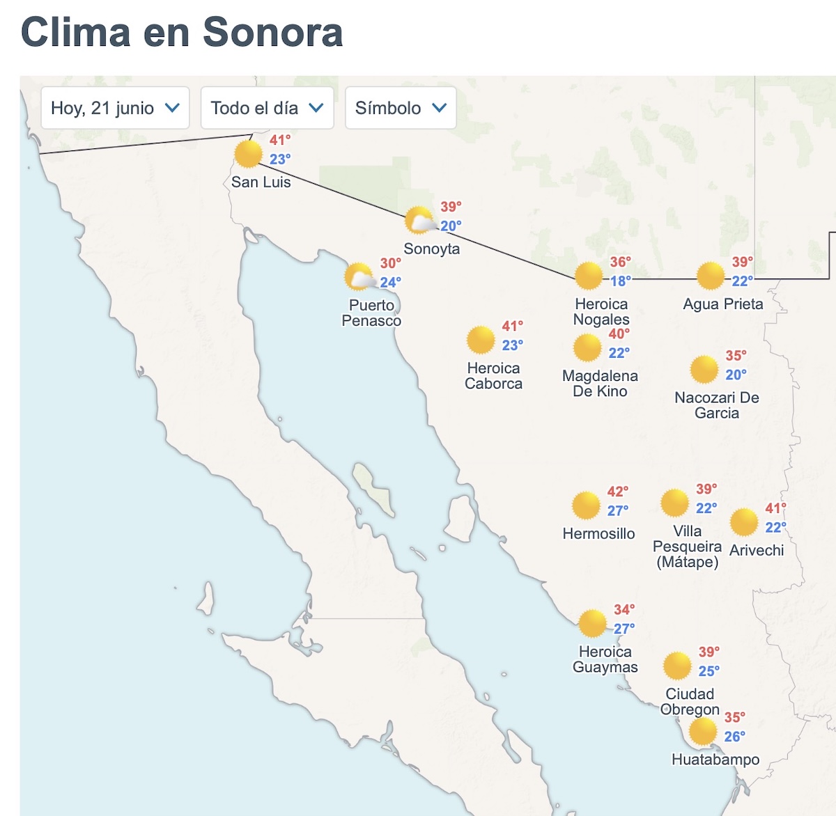 Pronóstico del clima en Sonora para este domingo 21 de junio. Foto: Meteored.mx