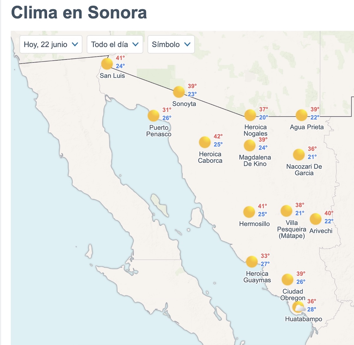 Así será el clima en Sonora este lunes. Foto: Meteored.mx
