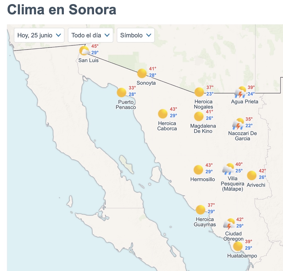 Consulta el pronóstico del clima en Sonora HOY 25 de junio. Foto: Meteored.mx