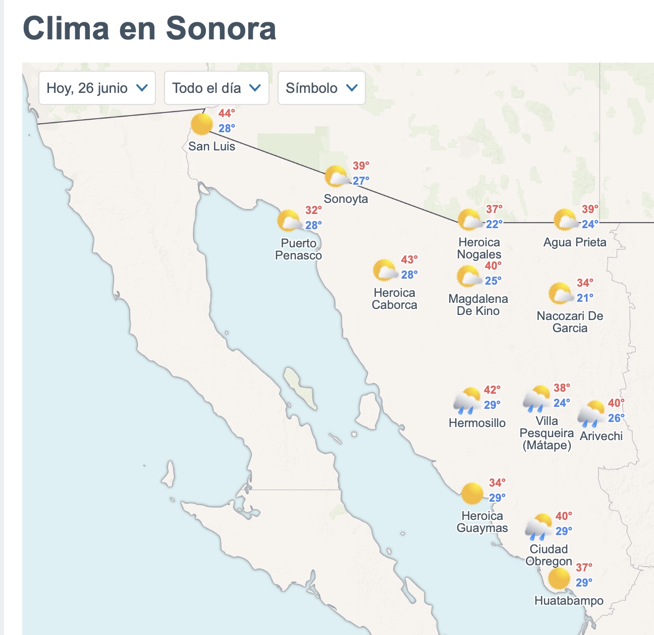 Pronóstico del clima en Sonora para hoy viernes 26 de junio. Foto: Meteored.mx