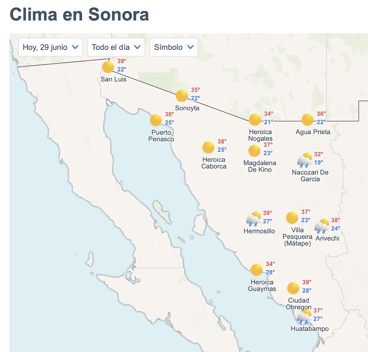 El clima en Sonora hoy estará marcado por calor intenso, lluvias aisladas y vientos fuertes. Foto: Meteored.mx