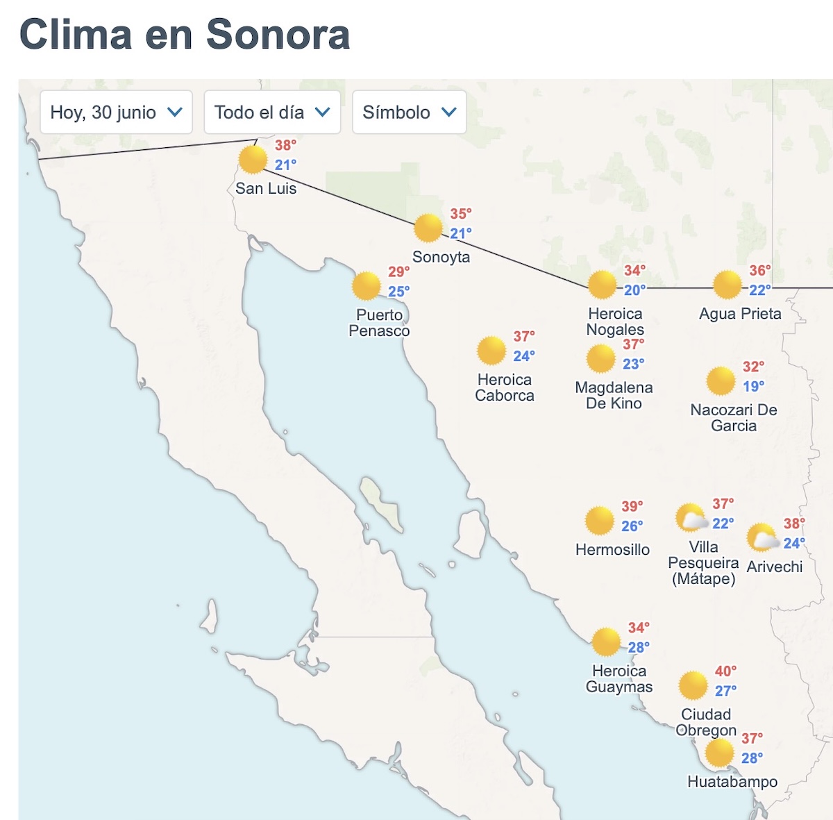 Así será el clima en Sonora este martes. Foto: Meteored.mx