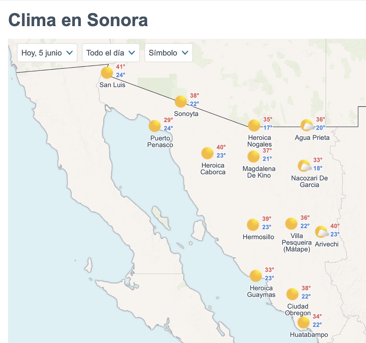 Así será el clima en Sonora este viernes. Foto: Meteored.mx