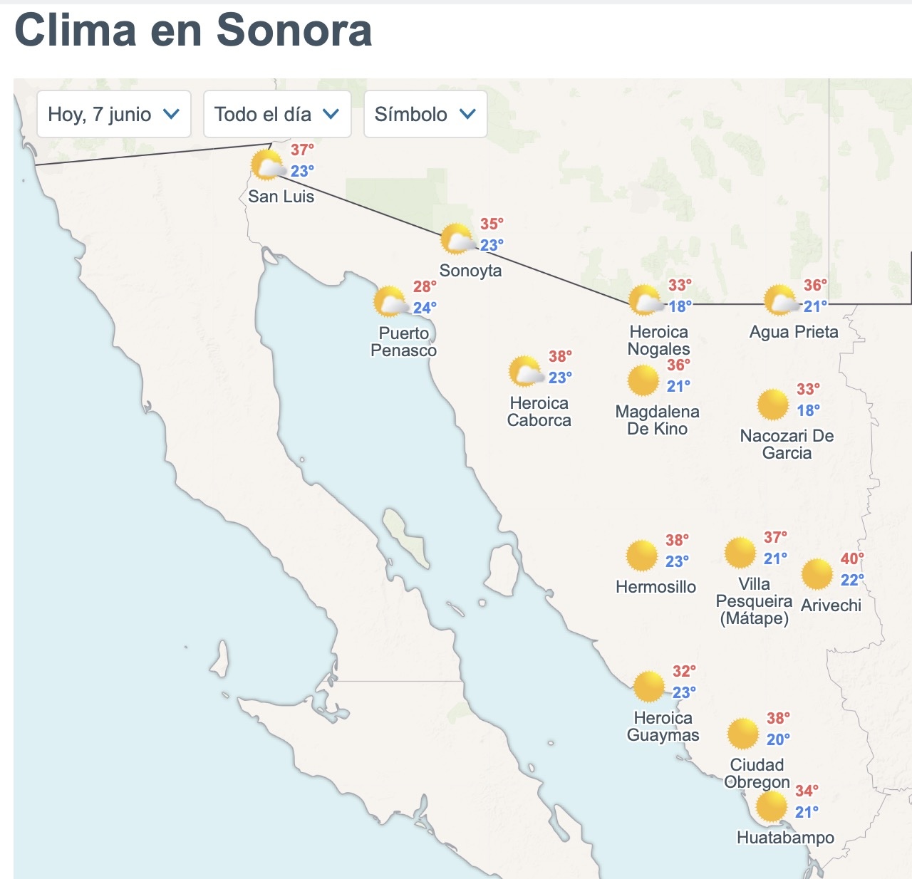 Así estará el clima en Sonora este 7 de junio. Foto: Meteored.mx