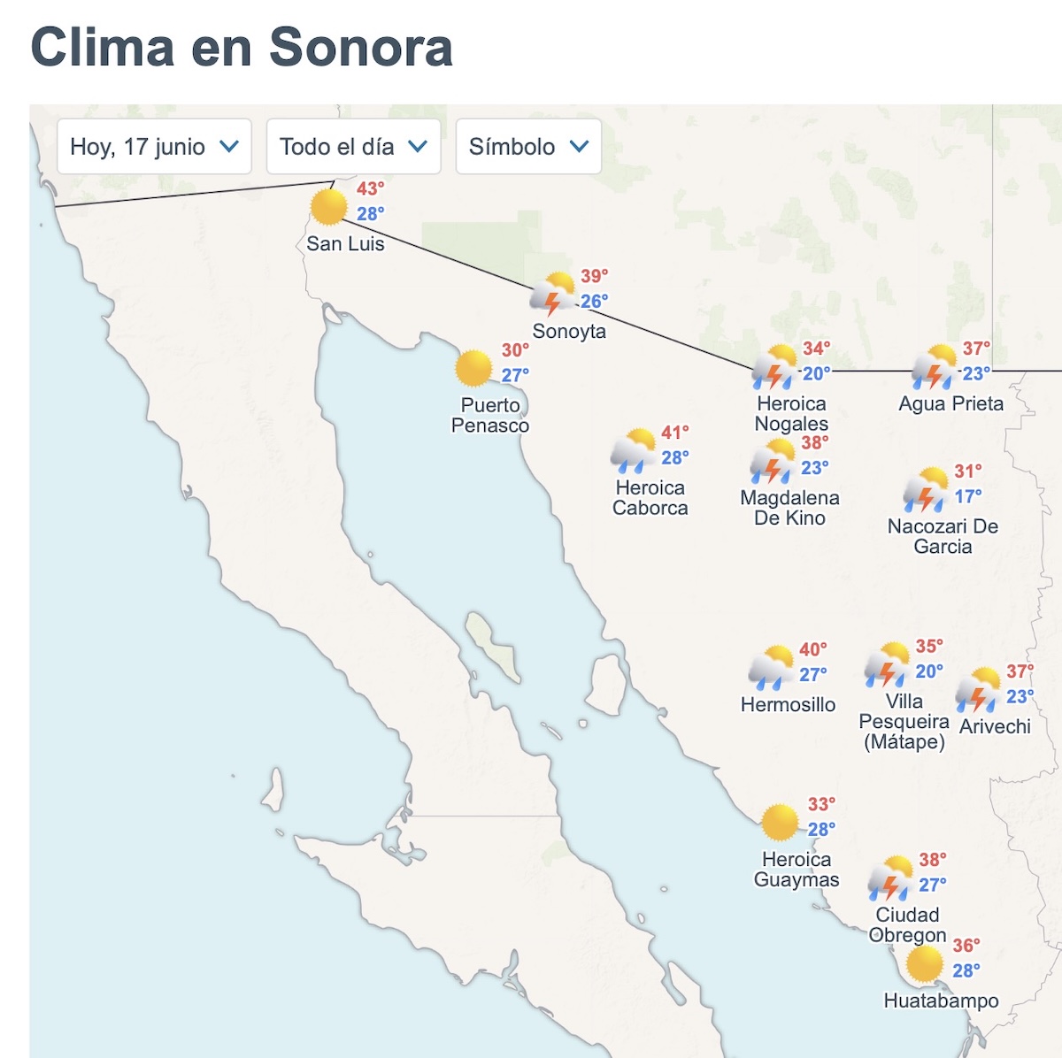 Pronóstico del tiempo en Sonora para el 17 de junio de 2026. Foto: Meteored.mx